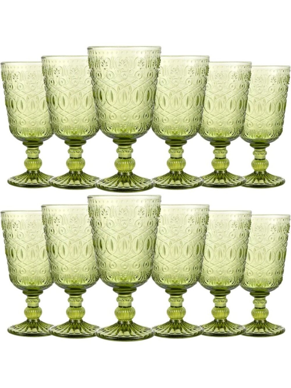 Vintage Green Glass Goblets - Set of 12, 9 oz Elegant Wine Glasses for